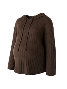 SHEIN Brown Autumn/Winter Maternity Plus Size 2 Pieces Set Knit Ribbed Hooded Long Sleeve Top And Wide Leg Pants Casual - Brown - View 3