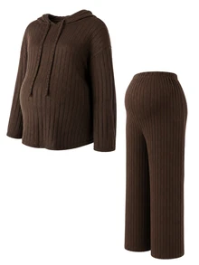 SHEIN Brown Autumn/Winter Maternity Plus Size 2 Pieces Set Knit Ribbed Hooded Long Sleeve Top And Wide Leg Pants Casual - Brown - View 4