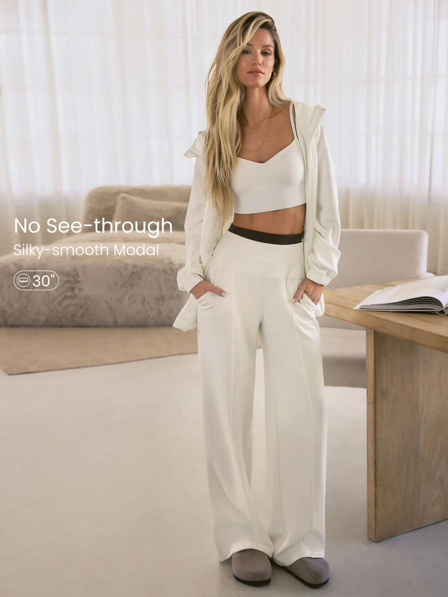 GLOWMODE Modal Silk Touch Wide Leg High Waist Lounge Pants With Side Pockets Daily Casual   Spring Summer