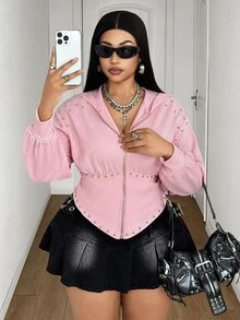 Maweii Fall/ Plus Size Women's Pink Rivet Waist-Cinching Zipper Hooded Sweatshirt, Short Ruched Bust Long Sleeve, Y2K Kawaii Street Style Jacket Beach Black - Pink - View 2