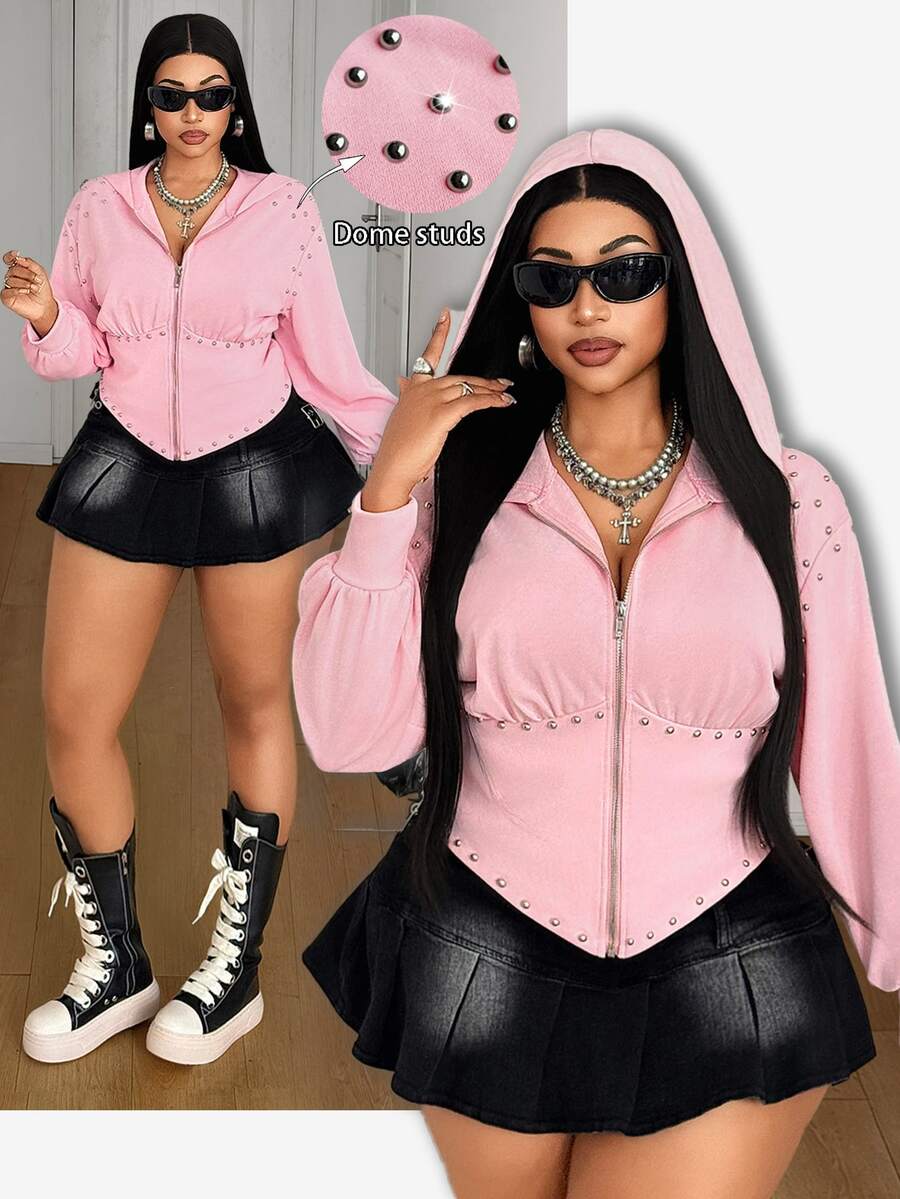 Maweii Fall/ Plus Size Women's Pink Rivet Waist-Cinching Zipper Hooded Sweatshirt, Short Ruched Bust Long Sleeve, Y2K Kawaii Street Style Jacket Beach Black - Pink - View 1
