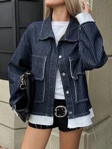 Livesso Jaket Denim Kasual Bergaris Serbaguna untuk Wanita, Cocok untuk Sehari-hari di Musim Gugur - Dark Wash - View 4