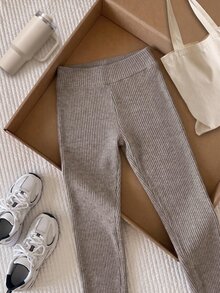 Comfortcana Plus Size Women's Solid Color Elastic Waist Casual Ribbed Leggings - Khaki - View 3