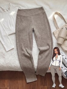 Comfortcana Plus Size Women's Solid Color Elastic Waist Casual Ribbed Leggings - Khaki - View 1