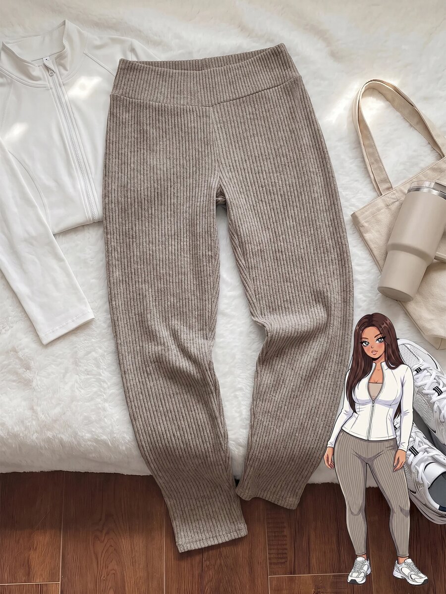 Comfortcana Plus Size Women's Solid Color Elastic Waist Casual Ribbed Leggings - Khaki - View 1