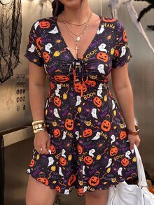 Muchica Women Plus Size Pumpkin Letter Print Pleated Tie Strap Dress Halloween - Multicolor - View 4