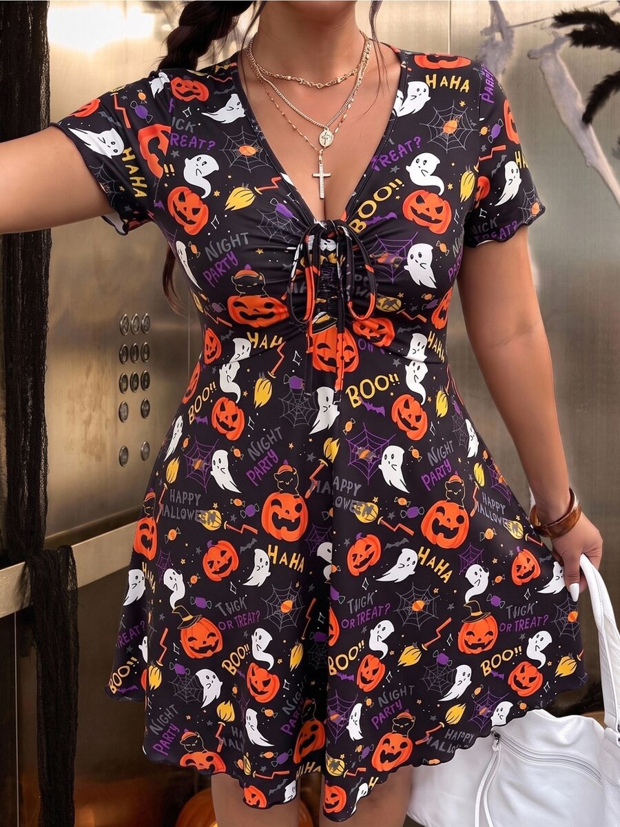 Muchica Women Plus Size Pumpkin Letter Print Pleated Tie Strap Dress Halloween - Multicolor - View 1