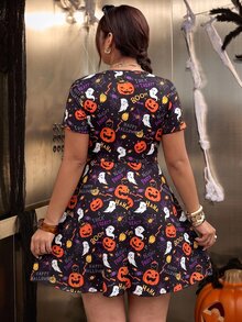 Muchica Women Plus Size Pumpkin Letter Print Pleated Tie Strap Dress Halloween - Multicolor - View 2