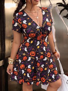 Muchica Women Plus Size Pumpkin Letter Print Pleated Tie Strap Dress Halloween - Multicolor - View 6