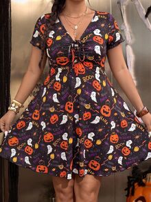 Muchica Women Plus Size Pumpkin Letter Print Pleated Tie Strap Dress Halloween - Multicolor - View 3