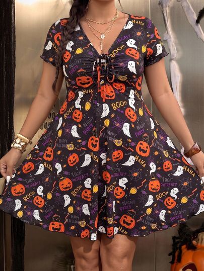 Muchica Women Plus Size Pumpkin Letter Print Pleated Tie Strap Dress Halloween