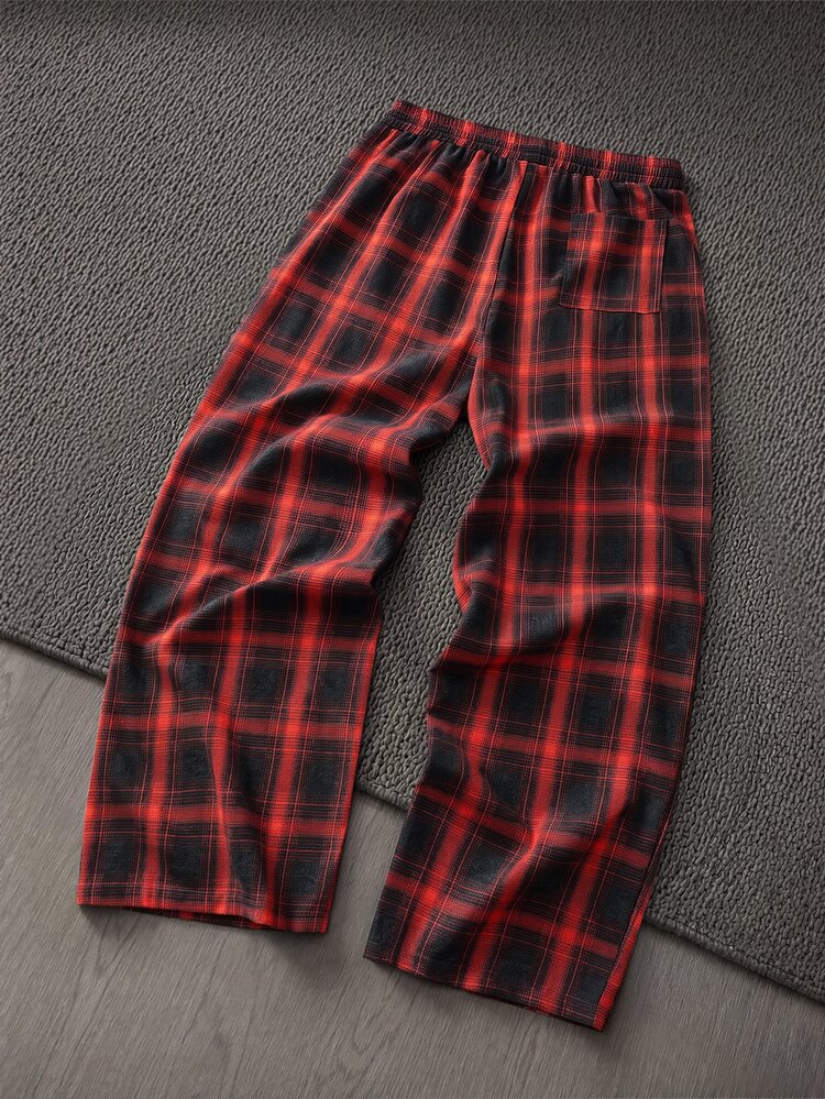 Mainfolk Men's Casual Streetwear Loose Plaid Long Pants Vacation Boxing Red And Black Autumn - Red - View 4