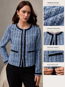 Zovinel Chaqueta de tela de tweed texturizada azul y negra, elegante y ligera, estilo vintage, otoño/invierno, estilo casual de dama de dinero antiguo, lujo para fiesta nocturna - Azul - Ver 1