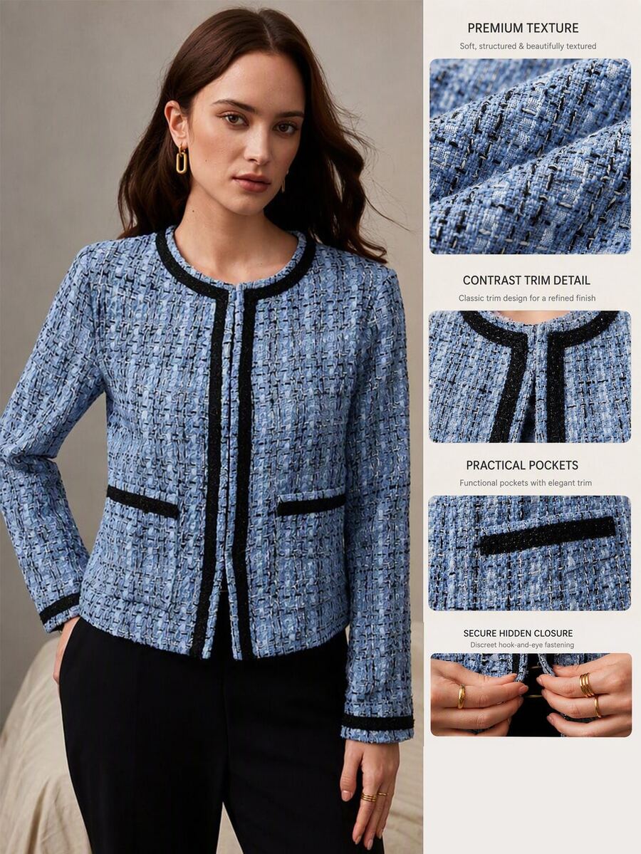 Zovinel Chaqueta de tela de tweed texturizada azul y negra, elegante y ligera, estilo vintage, otoño/invierno, estilo casual de dama de dinero antiguo, lujo para fiesta nocturna - Azul - Ver 1