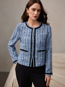 Zovinel Chaqueta de tela de tweed texturizada azul y negra, elegante y ligera, estilo vintage, otoño/invierno, estilo casual de dama de dinero antiguo, lujo para fiesta nocturna - Azul - Ver 3