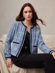 Zovinel Chaqueta de tela de tweed texturizada azul y negra, elegante y ligera, estilo vintage, otoño/invierno, estilo casual de dama de dinero antiguo, lujo para fiesta nocturna - Azul - Ver 7