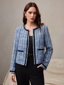 Zovinel Chaqueta de tela de tweed texturizada azul y negra, elegante y ligera, estilo vintage, otoño/invierno, estilo casual de dama de dinero antiguo, lujo para fiesta nocturna - Azul - Ver 4