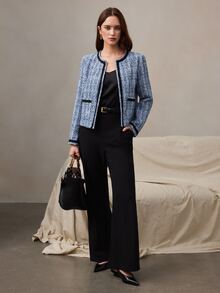 Zovinel Chaqueta de tela de tweed texturizada azul y negra, elegante y ligera, estilo vintage, otoño/invierno, estilo casual de dama de dinero antiguo, lujo para fiesta nocturna - Azul - Ver 10