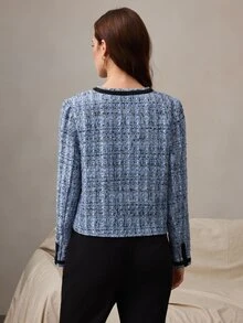 Zovinel Chaqueta de tela de tweed texturizada azul y negra, elegante y ligera, estilo vintage, otoño/invierno, estilo casual de dama de dinero antiguo, lujo para fiesta nocturna - Azul - Ver 2
