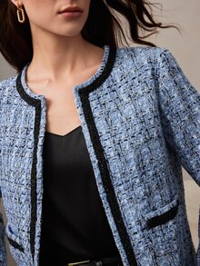 Zovinel Chaqueta de tela de tweed texturizada azul y negra, elegante y ligera, estilo vintage, otoño/invierno, estilo casual de dama de dinero antiguo, lujo para fiesta nocturna - Azul - Ver 6