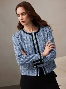 Zovinel Chaqueta de tela de tweed texturizada azul y negra, elegante y ligera, estilo vintage, otoño/invierno, estilo casual de dama de dinero antiguo, lujo para fiesta nocturna - Azul - Ver 8