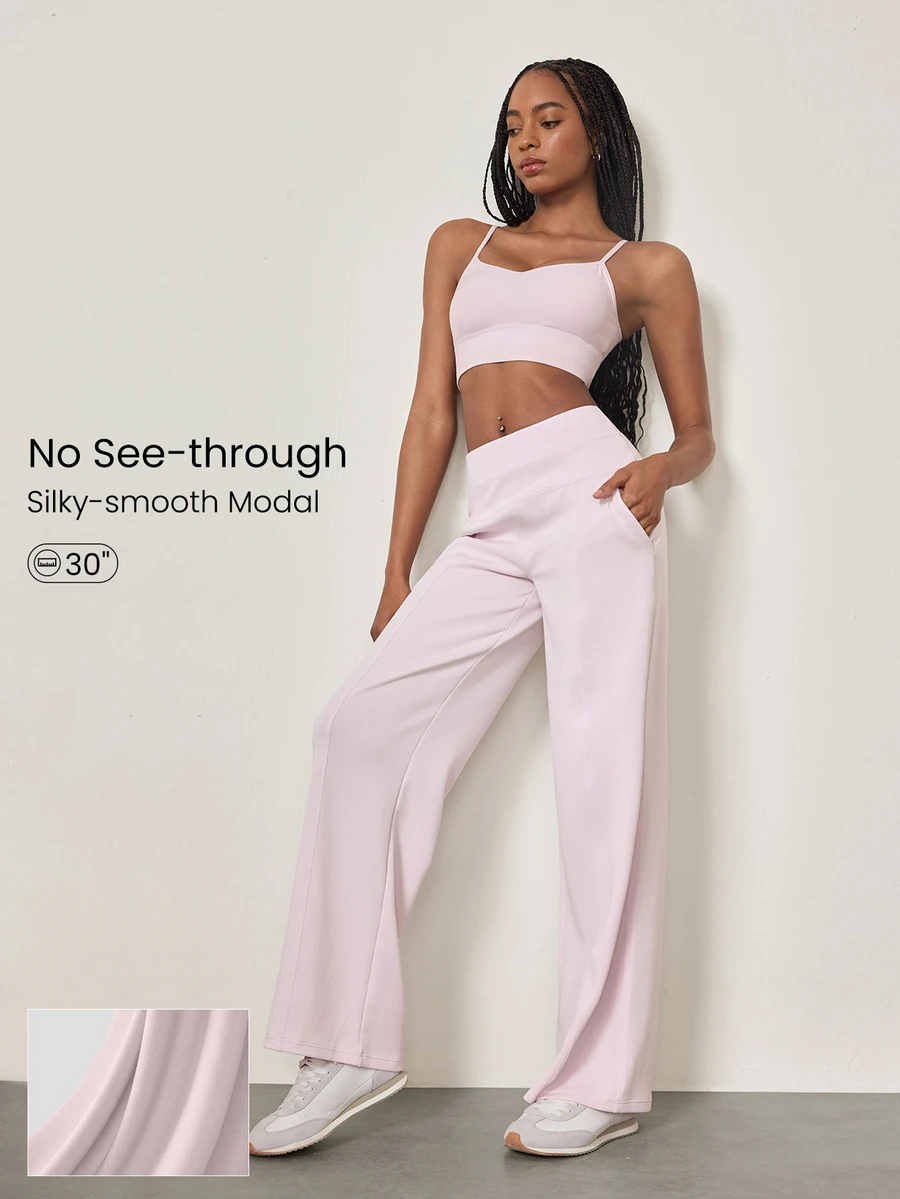 GLOWMODE Modal Silk Touch Wide Leg High Waist Lounge Pants With Side Pockets Daily Casual   Spring Summer - Pink - View 1