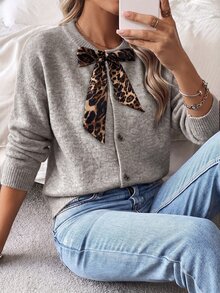 SHEIN Women's Long Sleeve Single-Breasted Leopard Print Tie-Front Knit Cardigan Brunch Light Grey Autumn French Cute - Apricot - View 1