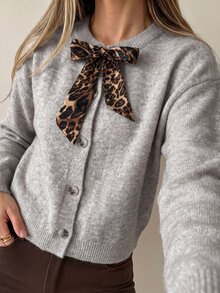 SHEIN Women's Long Sleeve Single-Breasted Leopard Print Tie-Front Knit Cardigan Brunch Light Grey Autumn French Cute - Apricot - View 4