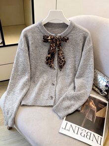 SHEIN Women's Long Sleeve Single-Breasted Leopard Print Tie-Front Knit Cardigan Brunch Light Grey Autumn French Cute - Apricot - View 3