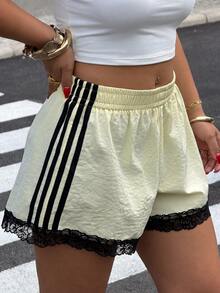 Muchica Plus Size Women's Side Stripe Contrast Lace Casual Shorts - Black - View 6