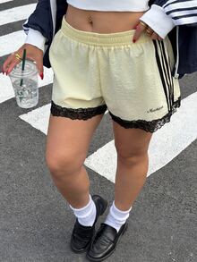 Muchica Plus Size Women's Side Stripe Contrast Lace Casual Shorts - Black - View 4
