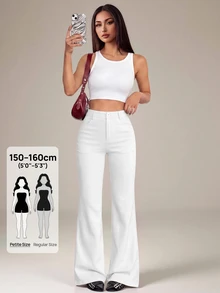 SHEIN PETITE 女款 95% 棉 黑色前扣休閒修身喇叭褲 - 適合四季，完美適用於春夏工作、通勤、正式場合、約會、晚宴、雞尾酒會和下午茶 - 白色 - 查看 10