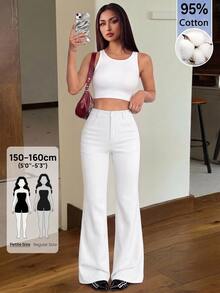SHEIN PETITE 女款 95% 棉 黑色前扣休閒修身喇叭褲 - 適合四季，完美適用於春夏工作、通勤、正式場合、約會、晚宴、雞尾酒會和下午茶 - 白色 - 查看 8
