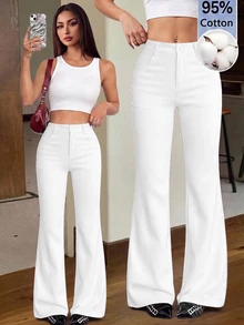 SHEIN PETITE 女款 95% 棉 黑色前扣休閒修身喇叭褲 - 適合四季，完美適用於春夏工作、通勤、正式場合、約會、晚宴、雞尾酒會和下午茶 - 白色 - 查看 5