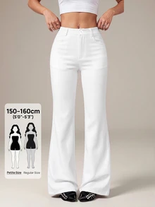 SHEIN PETITE 女款 95% 棉 黑色前扣休閒修身喇叭褲 - 適合四季，完美適用於春夏工作、通勤、正式場合、約會、晚宴、雞尾酒會和下午茶 - 白色 - 查看 11