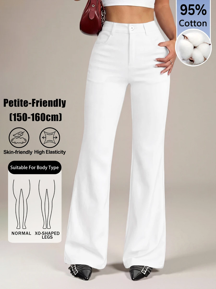 SHEIN PETITE 女款 95% 棉 黑色前扣休閒修身喇叭褲 - 適合四季，完美適用於春夏工作、通勤、正式場合、約會、晚宴、雞尾酒會和下午茶 - 白色 - 查看 1