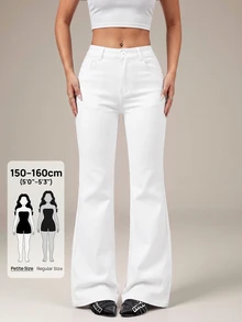 SHEIN PETITE 女款 95% 棉 黑色前扣休閒修身喇叭褲 - 適合四季，完美適用於春夏工作、通勤、正式場合、約會、晚宴、雞尾酒會和下午茶 - 白色 - 查看 4