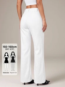 SHEIN PETITE 女款 95% 棉 黑色前扣休閒修身喇叭褲 - 適合四季，完美適用於春夏工作、通勤、正式場合、約會、晚宴、雞尾酒會和下午茶 - 白色 - 查看 7