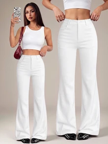 SHEIN PETITE 女款 95% 棉 黑色前扣休閒修身喇叭褲 - 適合四季，完美適用於春夏工作、通勤、正式場合、約會、晚宴、雞尾酒會和下午茶 - 白色 - 查看 9