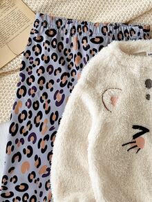 SHEIN Baby Girl Knitted Solid Color Faux Fur Cartoon Pattern Crew Neck Sweatshirt & Leopard Print Autumn Winter Pants 2 Pieces Set - Multicolor - View 3