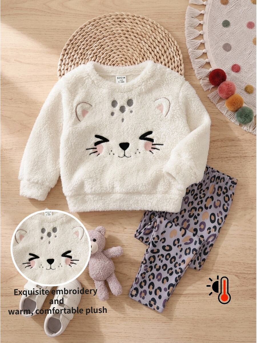 SHEIN Baby Girl Knitted Solid Color Faux Fur Cartoon Pattern Crew Neck Sweatshirt & Leopard Print Autumn Winter Pants 2 Pieces Set - Multicolor - View 1