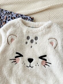 SHEIN Baby Girl Knitted Solid Color Faux Fur Cartoon Pattern Crew Neck Sweatshirt & Leopard Print Autumn Winter Pants 2 Pieces Set - Multicolor - View 2