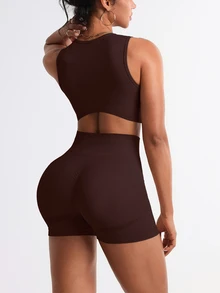 Solea Cove Solea Cove Coffee Letter Print Tank Top And Shorts Yoga Outfit Workout Women Set - Coffee Brown - View 2
