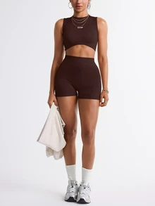 Solea Cove Solea Cove Coffee Letter Print Tank Top And Shorts Yoga Outfit Workout Women Set - Coffee Brown - View 5