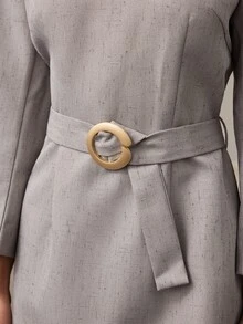 Zovinel Textured Fabric Women Midi Dresses With Golden Buckle Belt,Romantic Elegant Fall Autumn/Winter,Old Money Casual Lady Style,Formal Teacher's Outfit - Grey - View 6