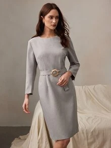 Zovinel Textured Fabric Women Midi Dresses With Golden Buckle Belt,Romantic Elegant Fall Autumn/Winter,Old Money Casual Lady Style,Formal Teacher's Outfit - Grey - View 5