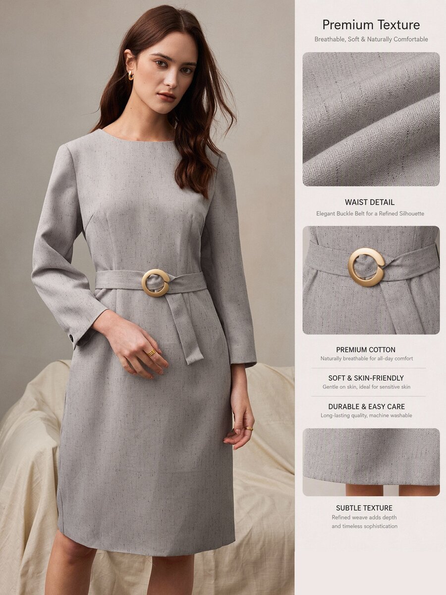 Zovinel Textured Fabric Women Midi Dresses With Golden Buckle Belt,Romantic Elegant Fall Autumn/Winter,Old Money Casual Lady Style,Formal Teacher's Outfit - Grey - View 1