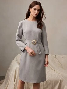 Zovinel Textured Fabric Women Midi Dresses With Golden Buckle Belt,Romantic Elegant Fall Autumn/Winter,Old Money Casual Lady Style,Formal Teacher's Outfit - Grey - View 3