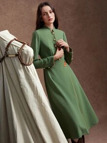 Zovinel Women's Elegant Vintage Trench Coat Jacket, Autumn - Army Green - View 5