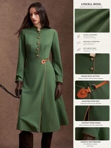 Zovinel Women's Elegant Vintage Trench Coat Jacket, Autumn - Army Green - View 1